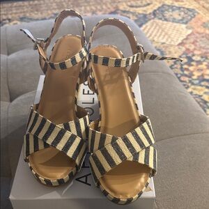 AEROSOLES Navy & Beige Striped Espadrille Wedge Sandals